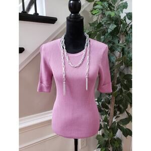 White House Black Market Top Blouse Women's S Pink Striped Half Sleeve Crew Neck